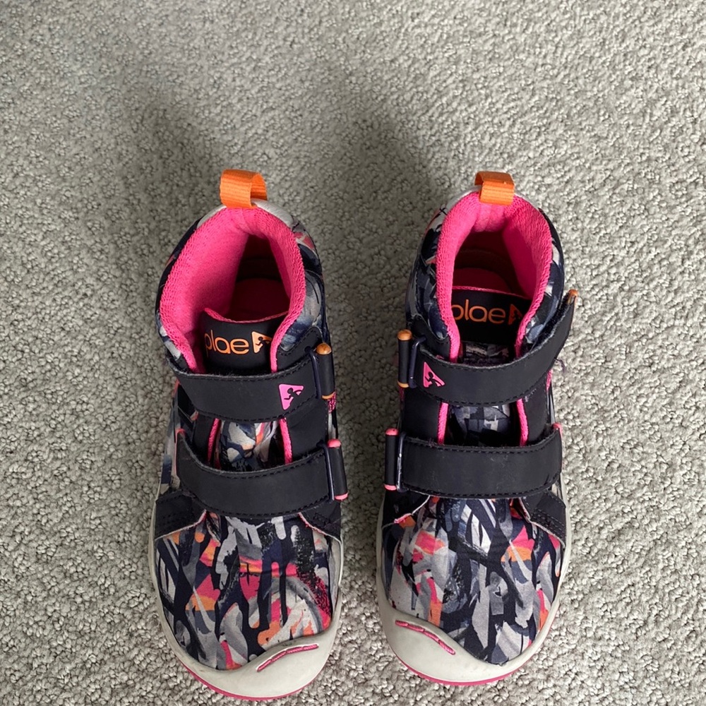Plae hightop tennis shoes, size youth 11. Pink orange gray and black.